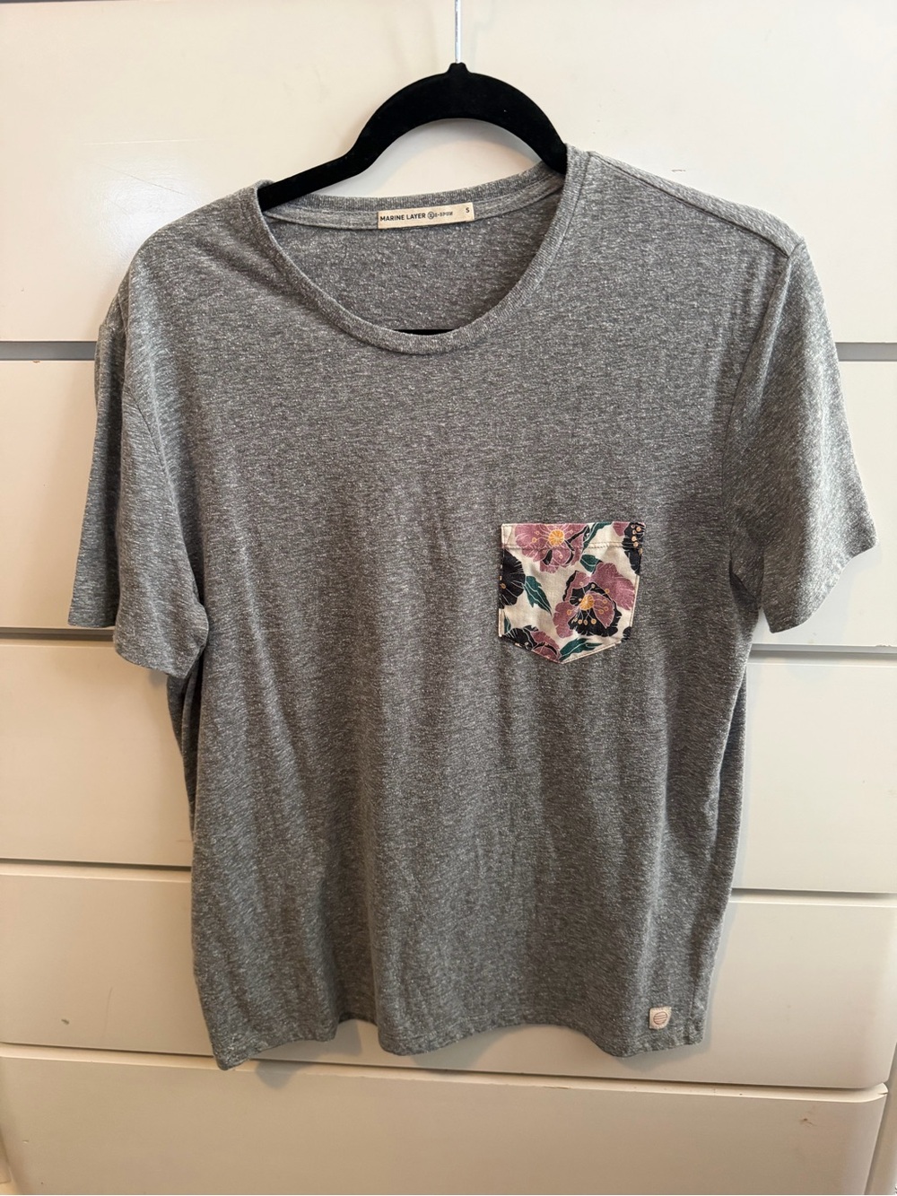 Marine Layer Gray Short Sleeve Tee with Floral Pocket